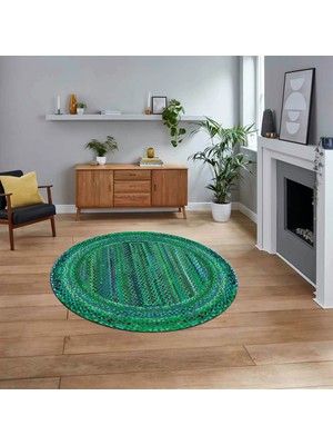Viyana Home Dijital Baskılı Kaymaz Yıkanabilir Yuvarlak Jüt-Hasır Desen Mutfak Salon Halısı, V-Y-Jüt-05-Yeşil,
