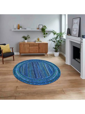 Viyana Home Dijital Baskılı Kaymaz Yıkanabilir Yuvarlak Jüt-Hasır Desen Mutfak Salon Halısı, V-Y-Jüt-05-Mavi,