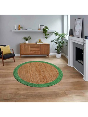 Viyana Home Dijital Baskılı Kaymaz Yıkanabilir Yuvarlak Jüt-Hasır Desen Mutfak Salon Halısı, V-Y-Jüt-17-Yeşil,