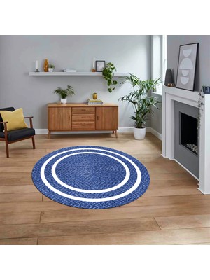 Viyana Home Dijital Baskılı Kaymaz Yıkanabilir Yuvarlak Jüt-Hasır Desen Mutfak Salon Halısı, V-Y-Jüt-12-Mavi,