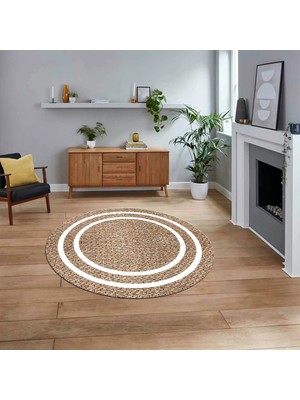 Viyana Home Dijital Baskılı Kaymaz Yıkanabilir Yuvarlak Jüt-Hasır Desen Mutfak Salon Halısı, V-Y-Jüt-12-Kahve,