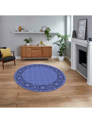 Viyana Home Dijital Baskılı Kaymaz Yıkanabilir Yuvarlak Jüt-Hasır Desen Mutfak Salon Halısı, V-Y-Jüt-19-Mavi,