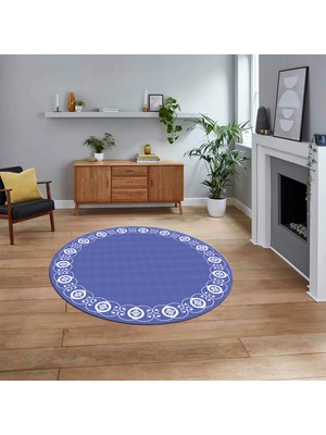 Viyana Home Dijital Baskılı Kaymaz Yıkanabilir Yuvarlak Jüt-Hasır Desen Mutfak Salon Halısı, V-Y-Jüt-15-Mavi,