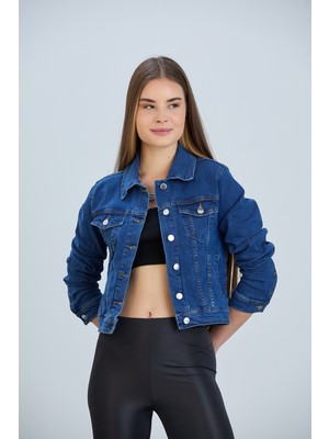 Kadın Hanope Kısa Likralı Denim Ceket Mavi Renk Gömlek Yaka Düz Desenli