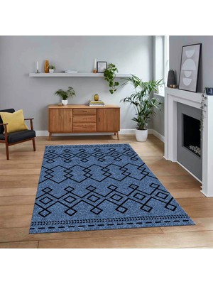 Viyana Home Dijital Baskılı Kaymaz Taban Yıkanabilir Modern Yolluk Mutfak Salon Halısı, V-Modern-87-Mavi,