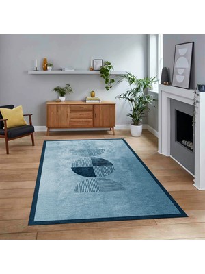 Viyana Home Dijital Baskılı Kaymaz Taban Yıkanabilir Modern Yolluk Mutfak Salon Halısı, V-Modern-94-Mavi,