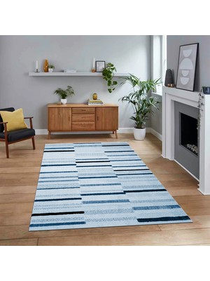 Viyana Home Dijital Baskılı Kaymaz Taban Yıkanabilir Modern Yolluk Mutfak Salon Halısı, V-Modern-74-Mavi,