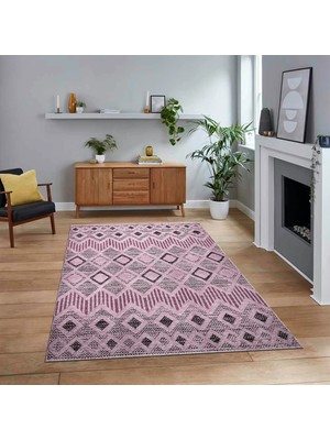 Viyana Home Dijital Baskılı Kaymaz Taban Yıkanabilir Modern Yolluk Mutfak Salon Halısı, V-Modern-67-Pembe,