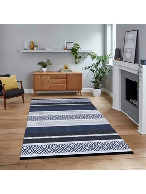 Viyana Home Dijital Baskılı Kaymaz Taban Yıkanabilir Modern Yolluk Mutfak Salon Halısı, V-Modern-18-Lacivert,