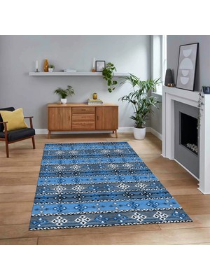 Viyana Home Dijital Baskılı Kaymaz Taban Yıkanabilir Modern Yolluk Mutfak Salon Halısı, V-Modern-19-Mavi,