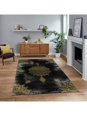 Viyana Home Dijital Baskılı Kaymaz Taban Yıkanabilir Modern Yolluk Mutfak Salon Halısı, V-Modern-06-Gold,