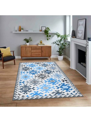 Viyana Home Dijital Baskılı Kaymaz Taban Yıkanabilir Modern Yolluk Mutfak Salon Halısı, V-Modern-14-Mavi,