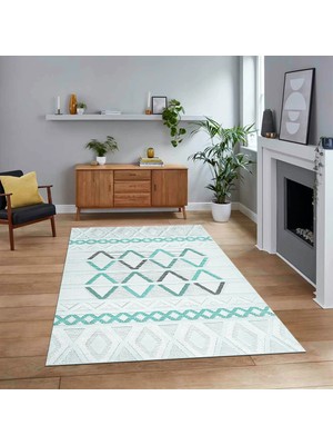 Viyana Home Dijital Baskılı Kaymaz Taban Yıkanabilir Modern Yolluk Mutfak Salon Halısı, V-Modern-81-Turkuaz,