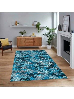 Viyana Home Dijital Baskılı Kaymaz Taban Yıkanabilir Modern Yolluk Mutfak Salon Halısı, V-Modern-02-Mavi,
