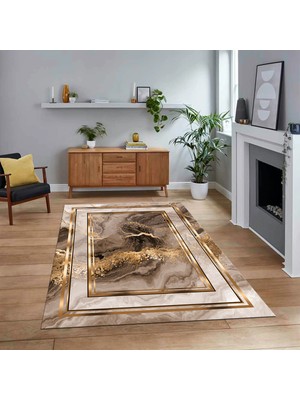 Viyana Home Dijital Baskılı Kaymaz Taban Yıkanabilir Modern Yolluk Mutfak Salon Halısı, V-Modern-46-Kahve,