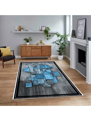 Viyana Home Dijital Baskılı Kaymaz Taban Yıkanabilir Modern Yolluk Mutfak Salon Halısı, V-Modern-13-Mavi,