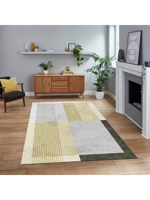 Viyana Home Dijital Baskılı Kaymaz Taban Yıkanabilir Modern Yolluk Mutfak Salon Halısı, V-MODERN-107-KREM,