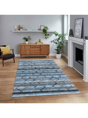 Viyana Home Dijital Baskılı Kaymaz Taban Yıkanabilir Modern Yolluk Mutfak Salon Halısı, V-Modern-85-Mavi,