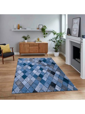 Viyana Home Dijital Baskılı Kaymaz Taban Yıkanabilir Modern Yolluk Mutfak Salon Halısı, V-Modern-31-Mavi,