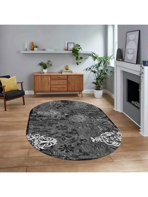 Viyana Home Dijital Baskılı Kaymaz Taban Yıkanabilir Oval Modern Yolluk Salon Halısı, V-O-Modern-15-Antrasit,