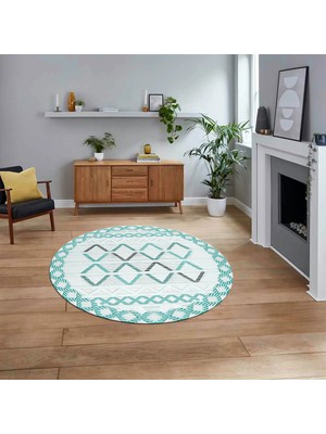 Viyana Home Dijital Baskılı Kaymaz Taban Yıkanabilir Yuvarlak Modern Mutfak Salon Halısı, V-Y-Modern-81-Turkuaz,