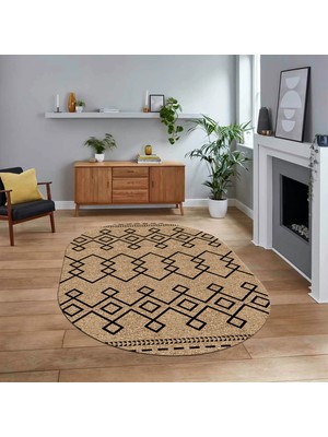 Viyana Home Dijital Baskılı Kaymaz Taban Yıkanabilir Oval Modern Yolluk Salon Halısı, V-O-Modern-87-Krem,