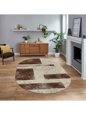 Viyana Home Dijital Baskılı Kaymaz Taban Yıkanabilir Oval Modern Yolluk Salon Halısı, V-O-Modern-93-Kahve,