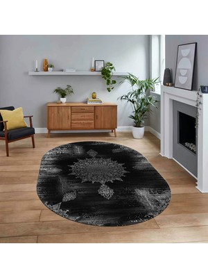 Viyana Home Dijital Baskılı Kaymaz Taban Yıkanabilir Oval Modern Yolluk Salon Halısı, V-O-Modern-06-Gri,