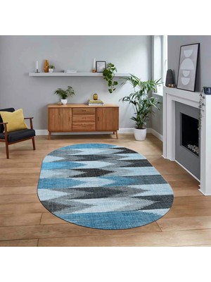 Viyana Home Dijital Baskılı Kaymaz Taban Yıkanabilir Oval Modern Yolluk Salon Halısı, V-O-MODERN-104-MAVİ,