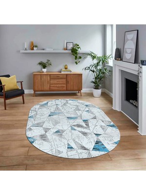 Viyana Home Dijital Baskılı Kaymaz Taban Yıkanabilir Oval Modern Yolluk Salon Halısı, V-O-Modern-82-Mavi,