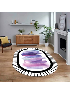 Viyana Home Dijital Baskılı Kaymaz Taban Yıkanabilir Oval Modern Yolluk Salon Halısı, V-O-Modern-22-Mor,