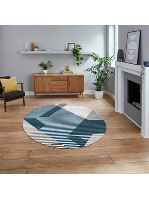 Viyana Home Dijital Baskılı Kaymaz Taban Yıkanabilir Yuvarlak Modern Mutfak Salon Halısı, V-Y-Modern-09-Turkuaz,