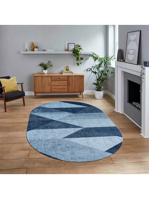 Viyana Home Dijital Baskılı Kaymaz Taban Yıkanabilir Oval Modern Yolluk Salon Halısı, V-O-Modern-54-Mavi,