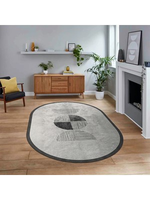 Viyana Home Dijital Baskılı Kaymaz Taban Yıkanabilir Oval Modern Yolluk Salon Halısı, V-O-Modern-94-Gri,