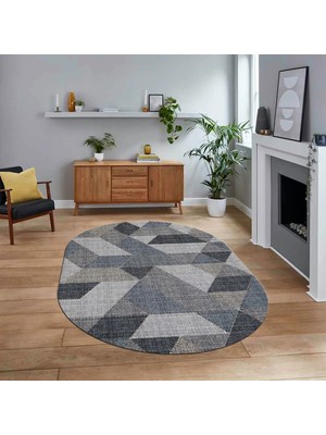 Viyana Home Dijital Baskılı Kaymaz Taban Yıkanabilir Oval Modern Yolluk Salon Halısı, V-O-Modern-96-Mavi,
