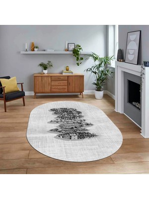 Viyana Home Dijital Baskılı Kaymaz Taban Yıkanabilir Oval Modern Yolluk Salon Halısı, V-O-Modern-50-Gri,