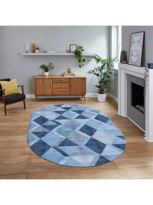 Viyana Home Dijital Baskılı Kaymaz Taban Yıkanabilir Oval Modern Yolluk Salon Halısı, V-O-MODERN-103-MAVİ,