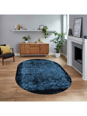 Viyana Home Dijital Baskılı Kaymaz Taban Yıkanabilir Oval Modern Yolluk Salon Halısı, V-O-Modern-04-Mavi,