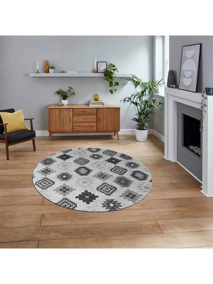 Viyana Home Dijital Baskılı Kaymaz Taban Yıkanabilir Yuvarlak Modern Mutfak Salon Halısı, V-Y-Modern-99-Gri,
