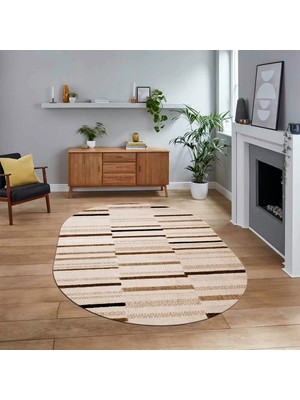 Viyana Home Dijital Baskılı Kaymaz Taban Yıkanabilir Oval Modern Yolluk Salon Halısı, V-O-Modern-74-Kahve,