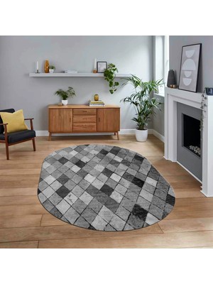 Viyana Home Dijital Baskılı Kaymaz Taban Yıkanabilir Oval Modern Yolluk Salon Halısı, V-O-Modern-31-Gri,