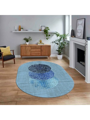 Viyana Home Dijital Baskılı Kaymaz Taban Yıkanabilir Oval Modern Yolluk Salon Halısı, V-O-Modern-01-Mavi,