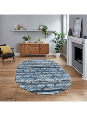 Viyana Home Dijital Baskılı Kaymaz Taban Yıkanabilir Oval Modern Yolluk Salon Halısı, V-O-Modern-85-Mavi,