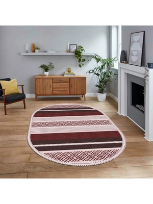 Viyana Home Dijital Baskılı Kaymaz Taban Yıkanabilir Oval Modern Yolluk Salon Halısı, V-O-Modern-18-Bordo,