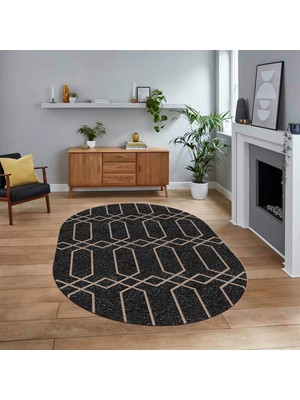 Viyana Home Dijital Baskılı Kaymaz Taban Yıkanabilir Oval Modern Yolluk Salon Halısı, V-O-Modern-88-Antrasit,