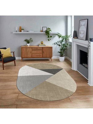 Viyana Home Dijital Baskılı Kaymaz Taban Yıkanabilir Oval Modern Yolluk Salon Halısı, V-O-Modern-38-Kahve,