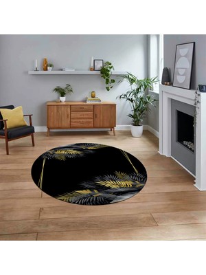 Viyana Home Dijital Baskılı Kaymaz Taban Yıkanabilir Yuvarlak Modern Mutfak Salon Halısı, V-Y-Modern-26-Gold,