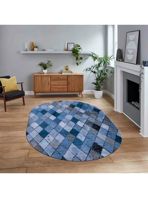 Viyana Home Dijital Baskılı Kaymaz Taban Yıkanabilir Oval Modern Yolluk Salon Halısı, V-O-Modern-31-Mavi,