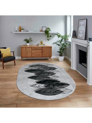 Viyana Home Dijital Baskılı Kaymaz Taban Yıkanabilir Oval Modern Yolluk Salon Halısı, V-O-Modern-08-Gri,