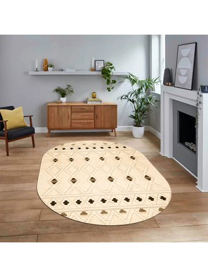 Viyana Home Dijital Baskılı Kaymaz Taban Yıkanabilir Oval Modern Yolluk Salon Halısı, V-O-Modern-65-Krem,